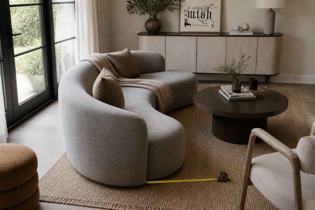 A small, bright living room with a curved grey boucle sofa positioned to create a walkway, a round coffee table, and a tape measure on the floor showing clearance space