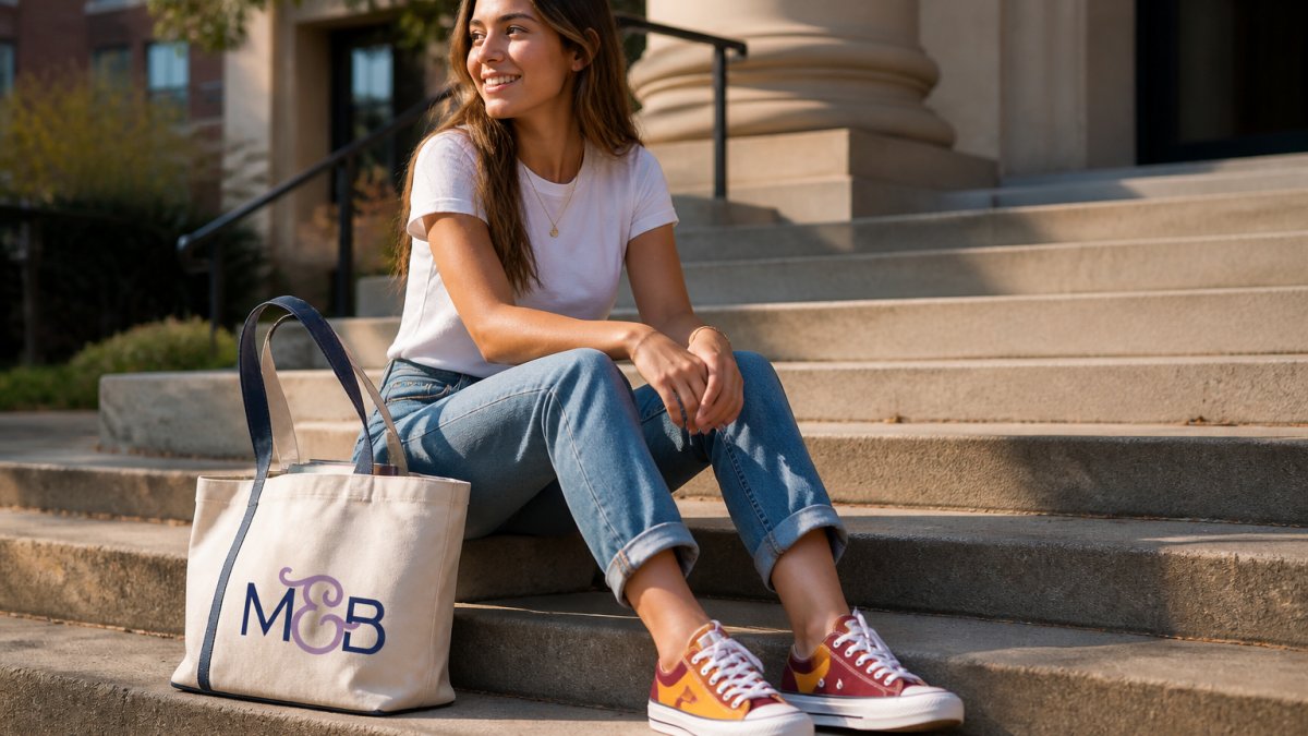 A young woman sitting on campus steps wearing custom canvas sneakers with team colors, cuffed jeans, and a simple white T-shirt, holding a tote bag in warm afternoon light
