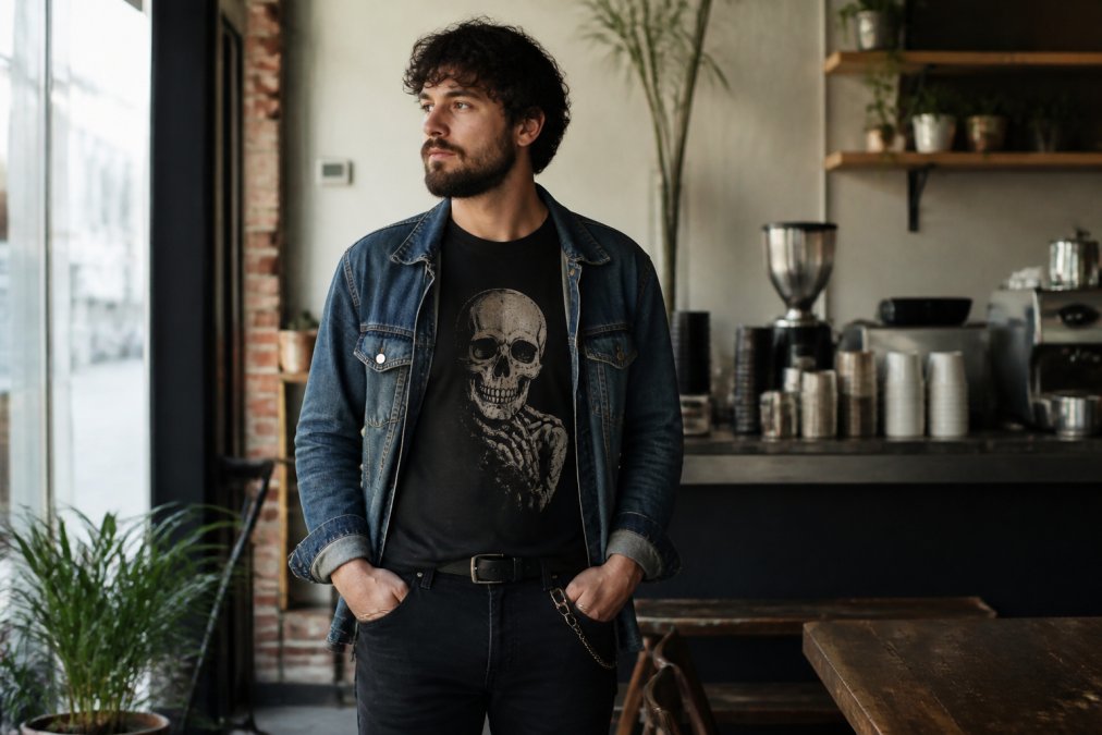 Man in his 30s wearing a sarcastic graphic tee and denim jacket in a sunny urban coffee shop.
