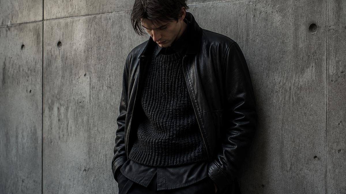 A person wearing a layered dark outfit with a textured knit, leather jacket, and poplin shirt, photographed in moody natural light against a concrete wall
