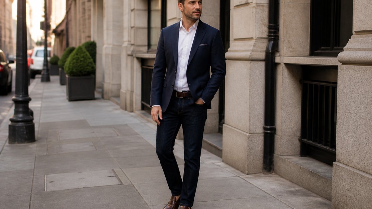 Man in a navy blazer, white shirt, and dark wash jeans standing on a city sidewalk wearing brown leather loafers