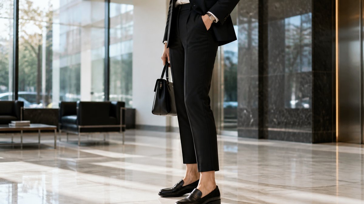 A polished professional standing in a bright modern office lobby wearing black leather loafers with tailored cropped trousers and a fitted blazer, photographed at ankle height to show the shoe