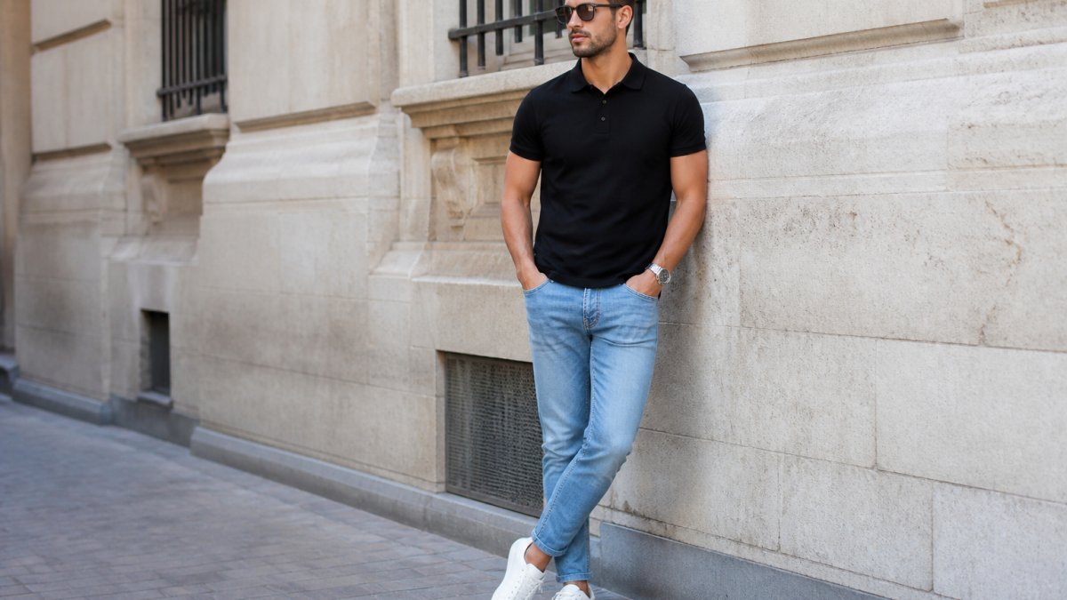 Man wearing a designer polo shirt in solid black with light-wash jeans and white leather sneakers, standing in natural outdoor lighting to show the complete casual outfit