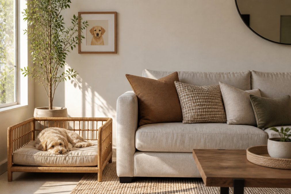 A bright, modern living room with a neutral oat and warm greige colour palette featuring a structured rattan dog bed tucked neatly beside a linen sofa, coordinated cushions in earthy tones, and a small framed dog breed illustration on the wall beside a potted plant, the space looking tidy and intentionally decorated in natural afternoon light