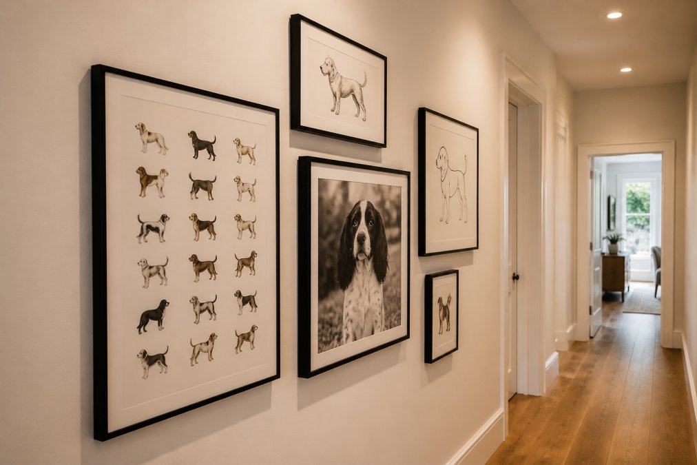 A home hallway gallery wall featuring a curated mix of framed dog breed illustrations, a black-and-white photograph of a spaniel, and a minimal line-art print of a dog in matching thin black frames at varying heights against a warm white wall, looking cohesive and considered under warm overhead lighting