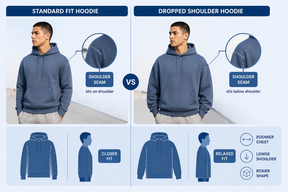 Person wearing a dropped shoulder hoodie in natural outdoor lighting, showing how the shoulder seam sits lower on the arm compared to standard fit, demonstrating the relaxed silhouette and boxy cut characteristic of this style