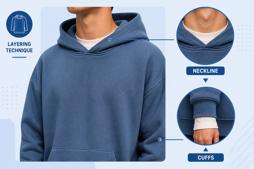 Close-up of a fitted long-sleeve shirt visible under a dropped shoulder hoodie at the neckline and cuffs, showing proper layering technique with the inner garment creating visual definition and preventing a shapeless appearance