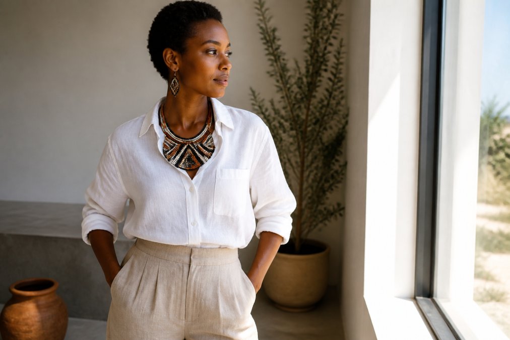 Woman wearing a chunky beaded statement necklace with geometric patterns in earth tones over a minimalist white linen button-up shirt, styled with neutral beige linen pants and natural lighting from a window