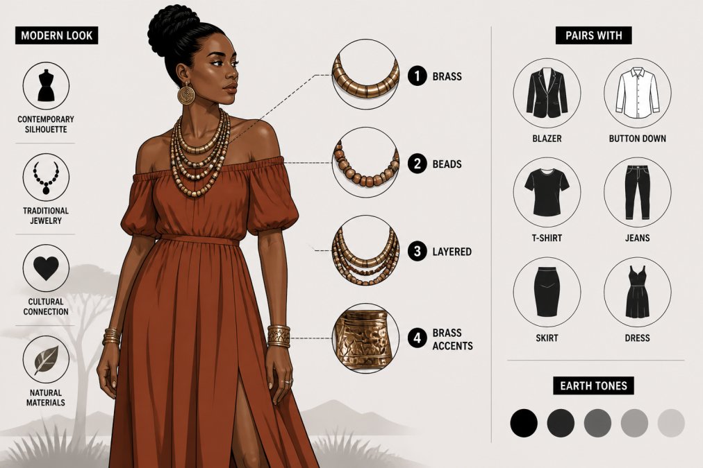 Person wearing layered brass and beaded necklaces in warm earth tones with an off-the-shoulder rust-colored maxi dress in cotton, photographed in natural outdoor lighting showing how traditional jewelry complements contemporary silhouettes