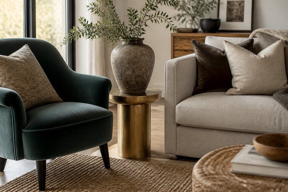 A styled living room corner showing layered textures: a velvet armchair, a woven jute rug, a linen sofa cushion, a rough ceramic vase, and a smooth brass side table, with natural window light