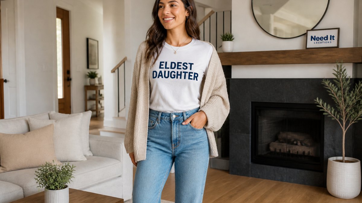 Young woman in a graphic tee and jeans with a draped cardigan smiling in a bright living room
