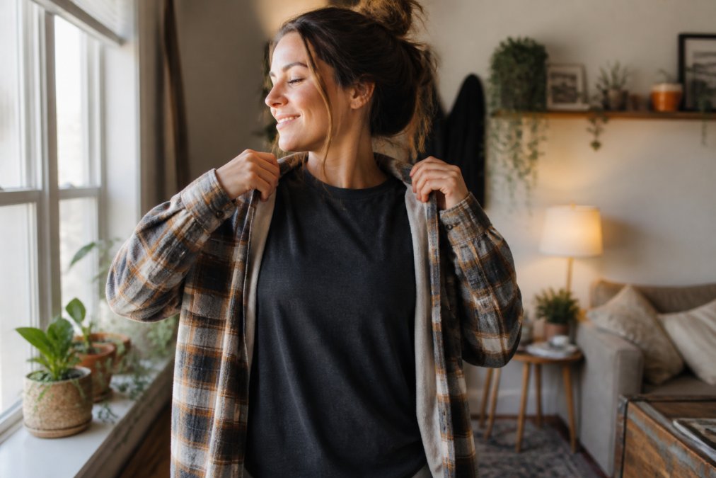 A woman wearing an oversized open flannel shirt over a Christian graphic tee, standing near a window in a bright living room, adjusting the collar with a relaxed smile
