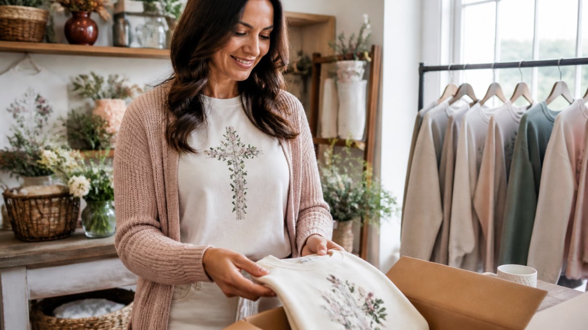 Woman wearing a Christian graphic tee styled casually with neutral-colored jeans and a cardigan, standing in natural daylight with a warm, confident expression