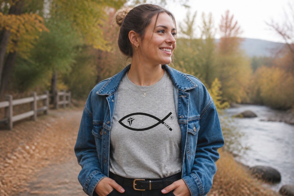 Young adult wearing a faith-based graphic tee layered with a denim jacket and dainty jewelry, styled for fall weather in a casual outdoor setting