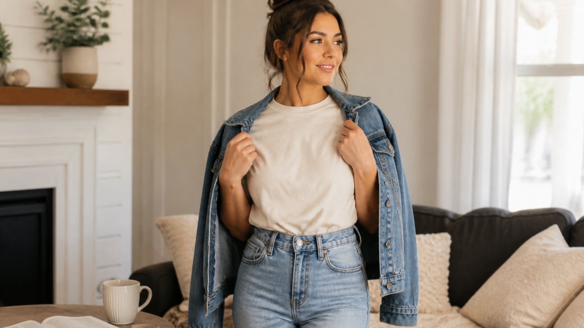 Step-by-step guide on styling faith-based apparel with jeans and a denim jacket for a cozy, casual look.