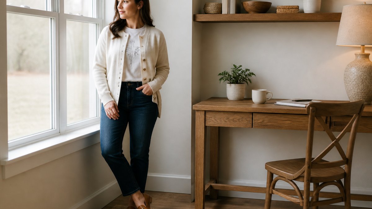 Woman wearing a faith-based graphic tee layered under a cream cardigan with dark jeans and cognac loafers