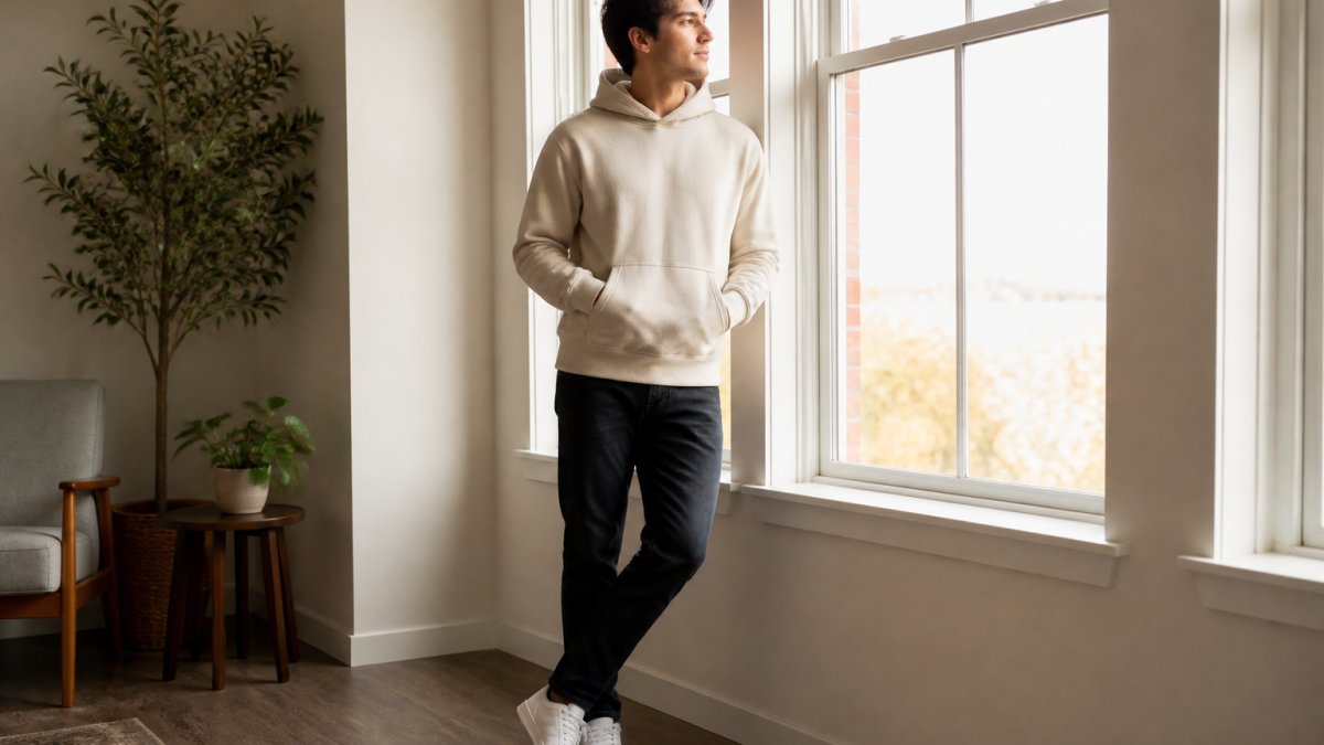 Person wearing a faith-based pullover hoodie styled with dark jeans and white sneakers, standing in natural daylight near a window in a bright indoor setting, showing a complete everyday outfit