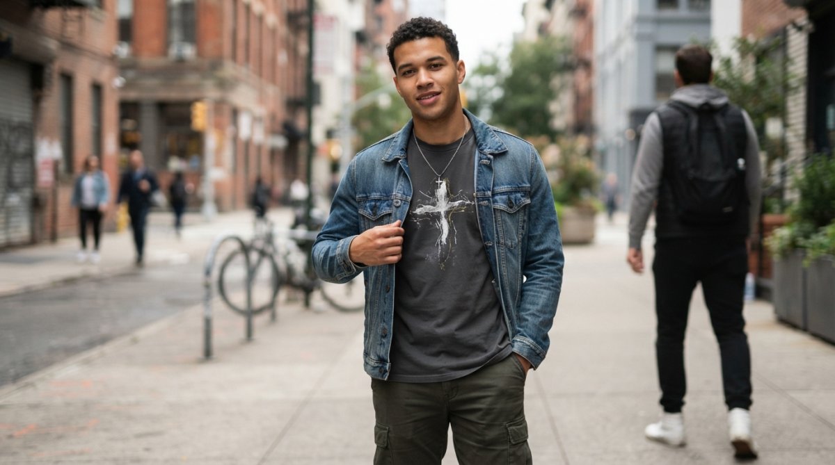 Young adult wearing a faith-based graphic tee layered under an open denim jacket, styled with confidence and natural daylight illuminating the outfit in an urban setting
