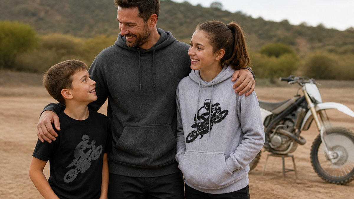 Father and two children wearing coordinated motocross-themed hoodies and tees in complementary colors, standing together outdoors with a dirt bike visible in the background, showing family coordination in different sizes and fits