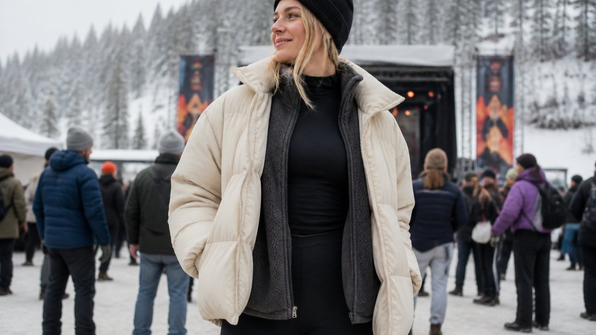Person wearing fitted thermal base layer in black under a charcoal fleece mid-layer and a statement oversized puffer jacket in cream, standing at an outdoor winter music festival with snow-covered trees in background, demonstrating proper layering with visible texture contrast and fitted silhouette