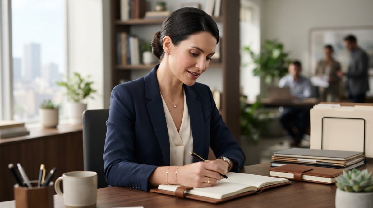 Professional woman at her desk wearing a delicate pendant necklace, small stud earrings, and a slim bracelet with her business attire in natural office lighting