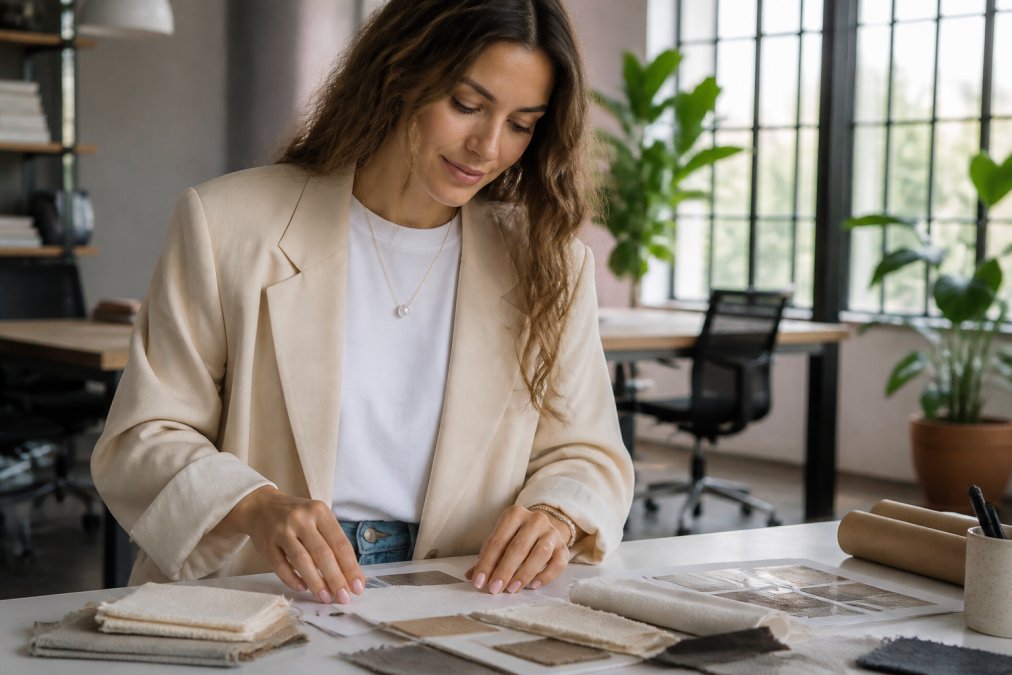 Young professional woman wearing a freshwater pearl pendant necklace with an oversized cream blazer and white t-shirt, styled casually with denim jeans and trainers in a modern office setting