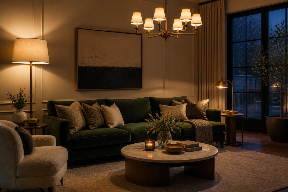 Diagram showing three lighting zones for functional luxury decor in a cozy living room at dusk.