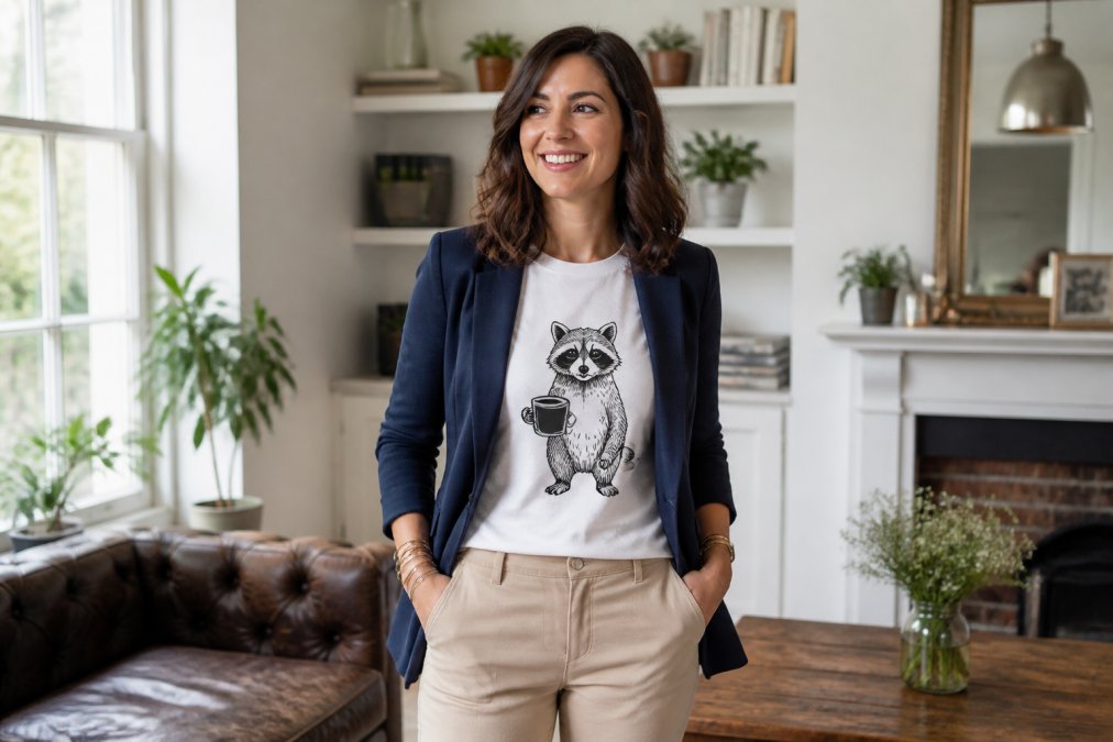 A woman in her thirties wearing a funny graphic t-shirt under a tailored navy blazer with beige chinos, standing in a bright modern living room with natural window light