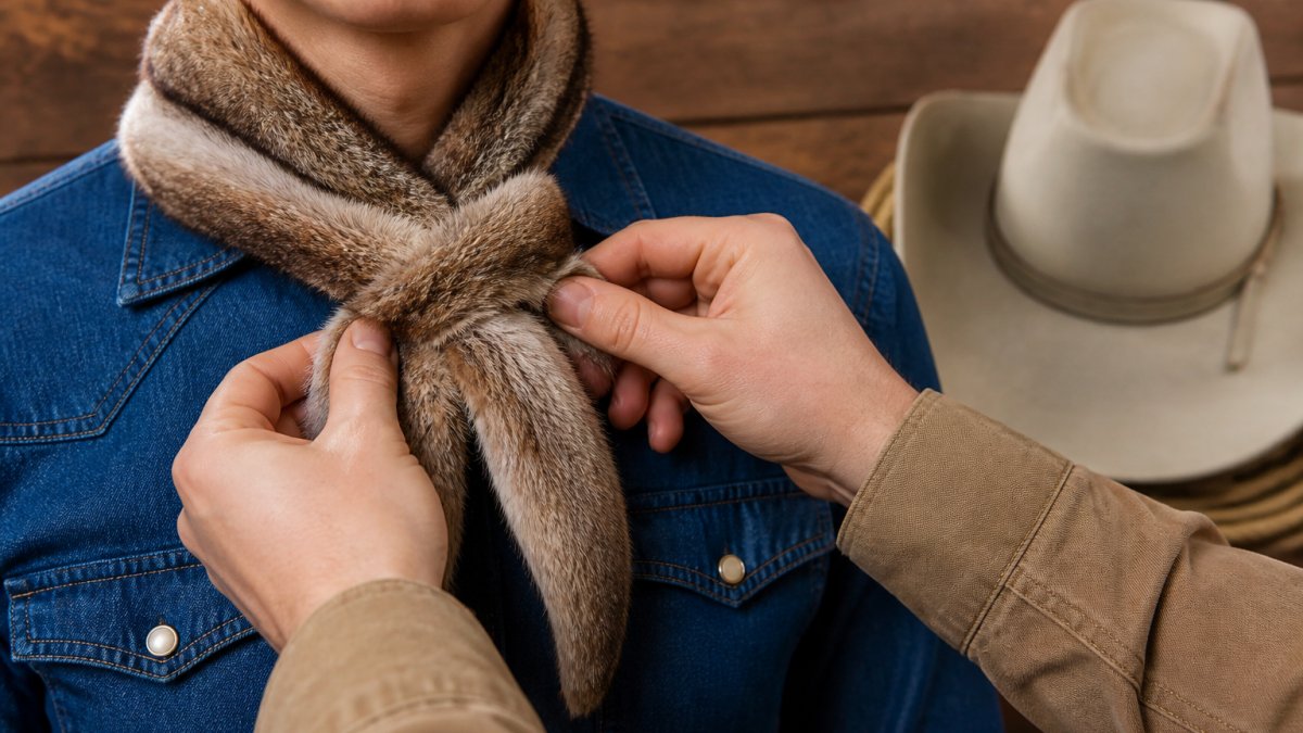 Close-up of hands tying a fur scarf into a Wild Rag knot around a person's neck, showing the texture of the fur and the finished wrap, set against a rustic wooden background with a cowboy hat nearby