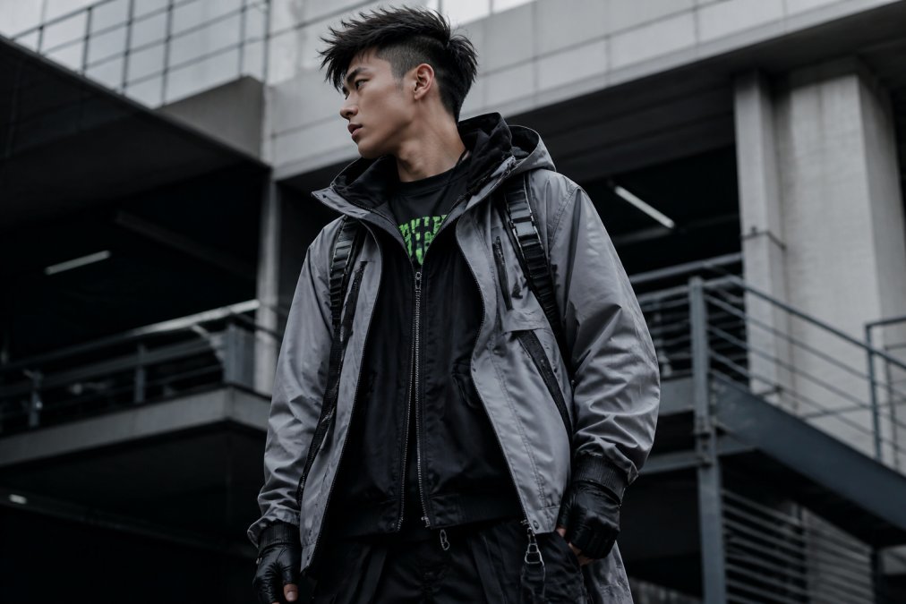 Person styled in complete layered futuristic outfit, fitted neon graphic tee visible at neckline, lightweight bomber jacket layered beneath a waterproof hard-shell jacket with visible straps and buckles, standing in urban environment with industrial architecture and cool-toned lighting