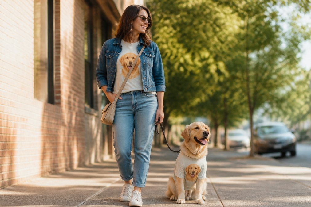A woman wearing a graphic pet shirt featuring her dog's portrait styled casually with a denim jacket, neutral sneakers, and a simple crossbody bag standing outdoors in natural afternoon light, with her dog visible beside her