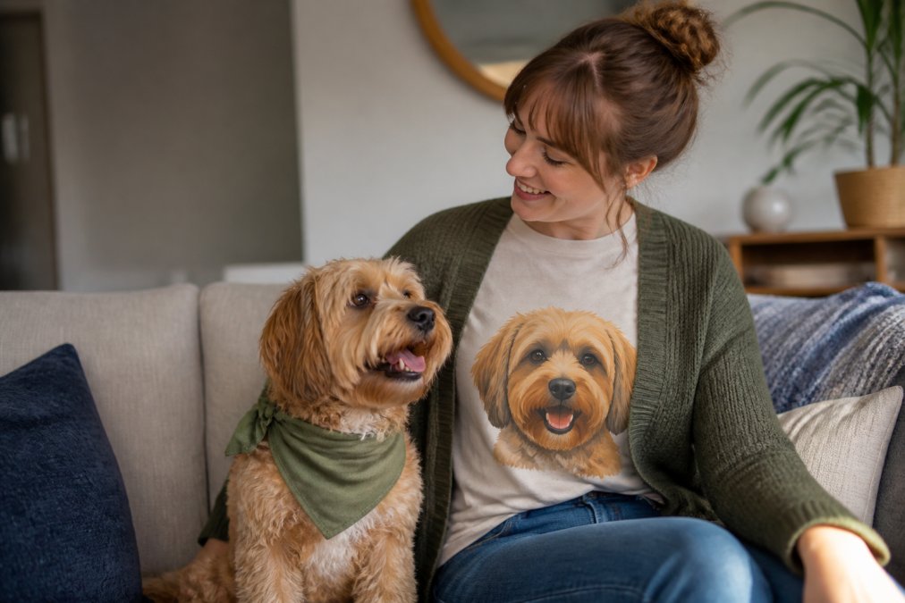A person and their dog sitting together on a couch, both styled in complementary colors with the person wearing a graphic pet shirt featuring their dog's portrait, showing coordinated but not matchy-matchy aesthetic in warm, natural home lighting