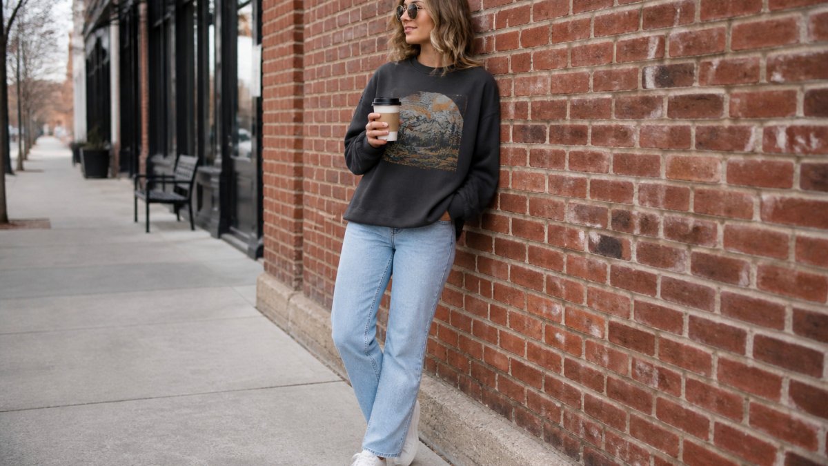A woman in a relaxed-fit graphic crewneck sweatshirt and straight-leg jeans leaning against a brick wall on a city sidewalk, holding a coffee cup, wearing white sneakers
