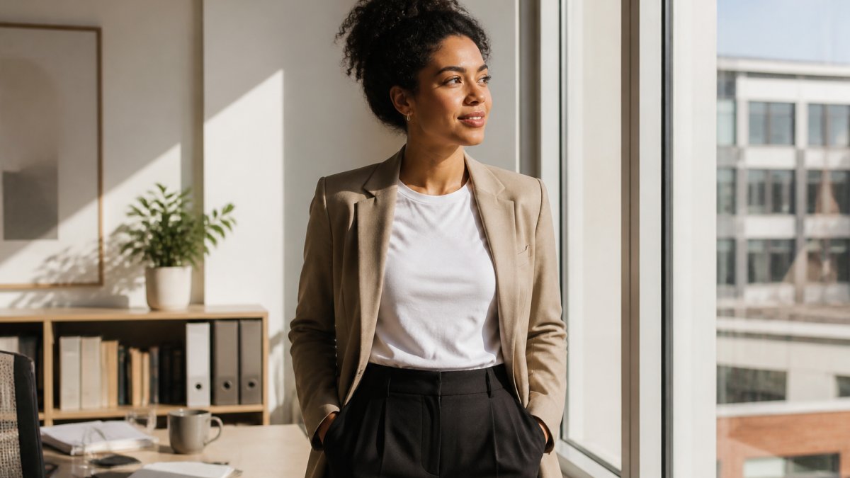 Professional woman wearing a graphic tee under a structured blazer with tailored trousers near an office window