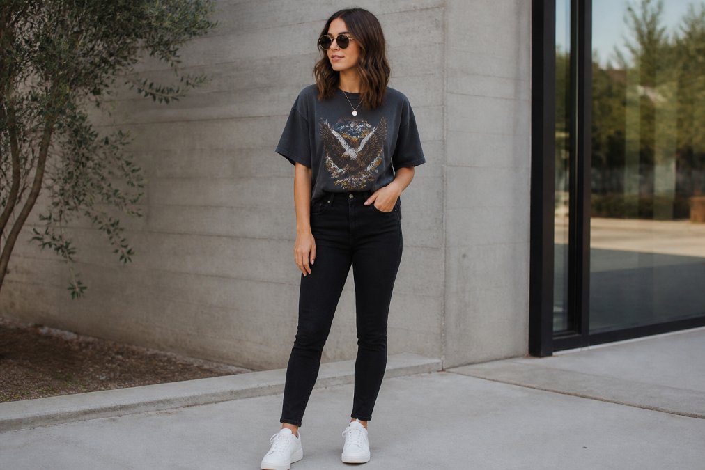 Person wearing an oversized graphic tee tucked into fitted black jeans with white sneakers, standing in natural daylight with relaxed posture