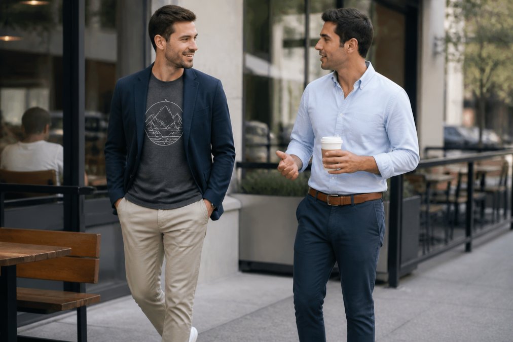 Man wearing a structured navy blazer over a graphic tee with chinos and sneakers in an urban setting to style graphic tees