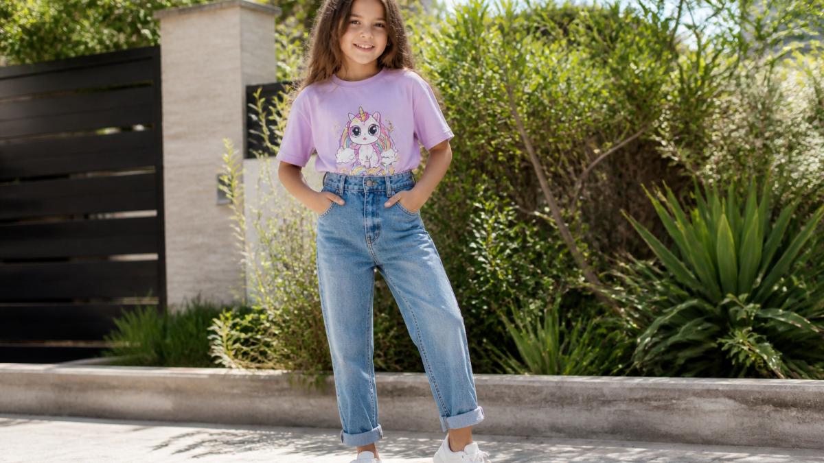 Child wearing a colorful graphic tee tucked into high-waisted jeans and white sneakers outdoors in sunlight