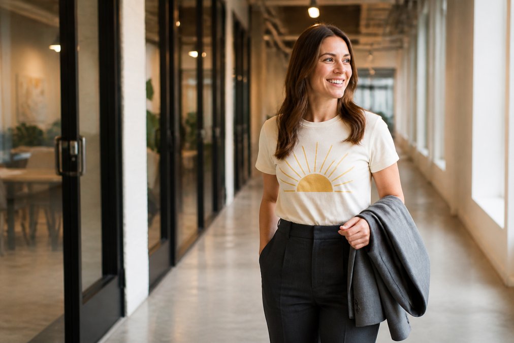 Woman wearing a soft graphic tee and tailored trousers with a blazer in a bright office hallway