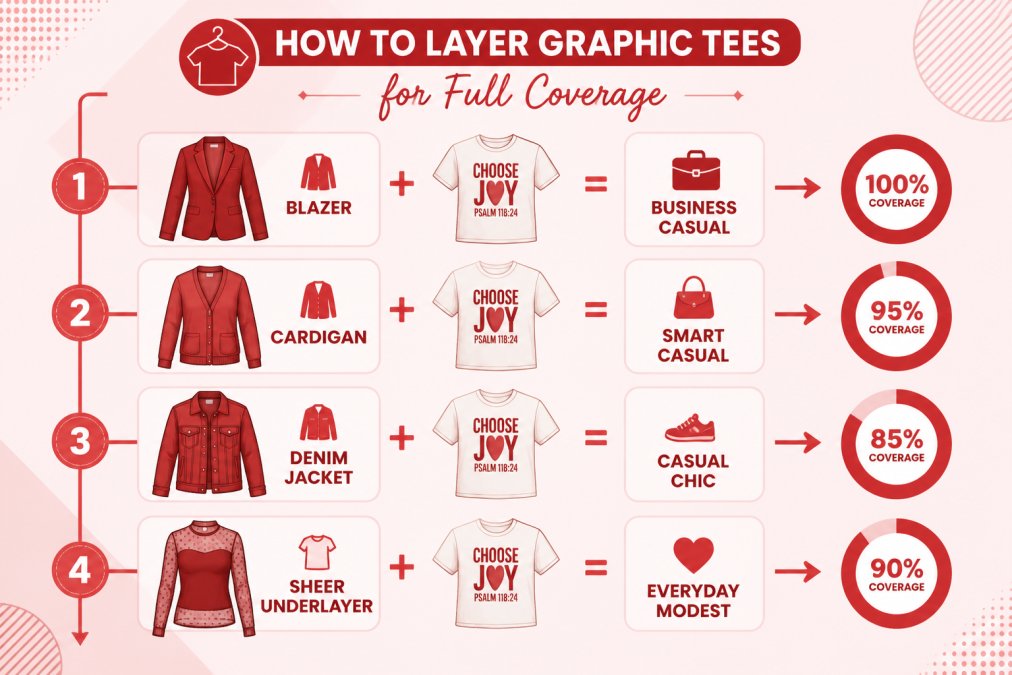 Flowchart showing 4 layering combinations for graphic tees: (1) Blazer + graphic tee = business casual, 100% coverage; (2) Cardigan + graphic tee = smart casual, 95% coverage; (3) Denim jacket + graphic tee = casual chic, 85% coverage; (4) Sheer underlayer + graphic tee = everyday modest, 90% coverage