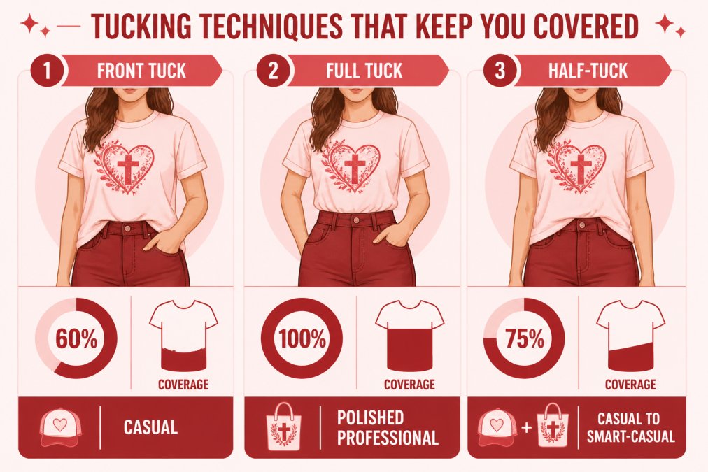 Step-by-step diagram of three tucking techniques: (1) Front tuck, tuck only the front portion into high-waisted bottoms, creates 60% coverage at midsection, best for casual looks; (2) Full tuck, tuck entire shirt into bottoms, creates 100% midsection coverage, best for polished/professional looks; (3) Half-tuck, tuck only one side into bottoms, creates 75% coverage, best for balanced casual-to-smart-casual looks