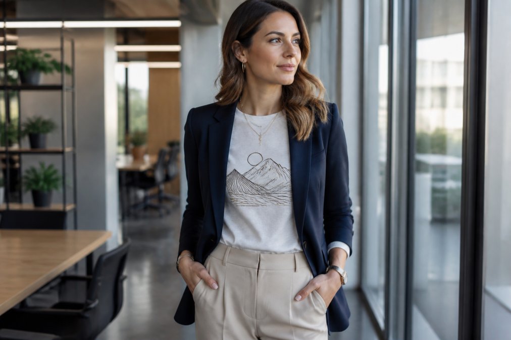 Professional woman wearing a subtle graphic tee layered under a tailored navy blazer with neutral trousers and minimal jewelry, standing in a modern office setting