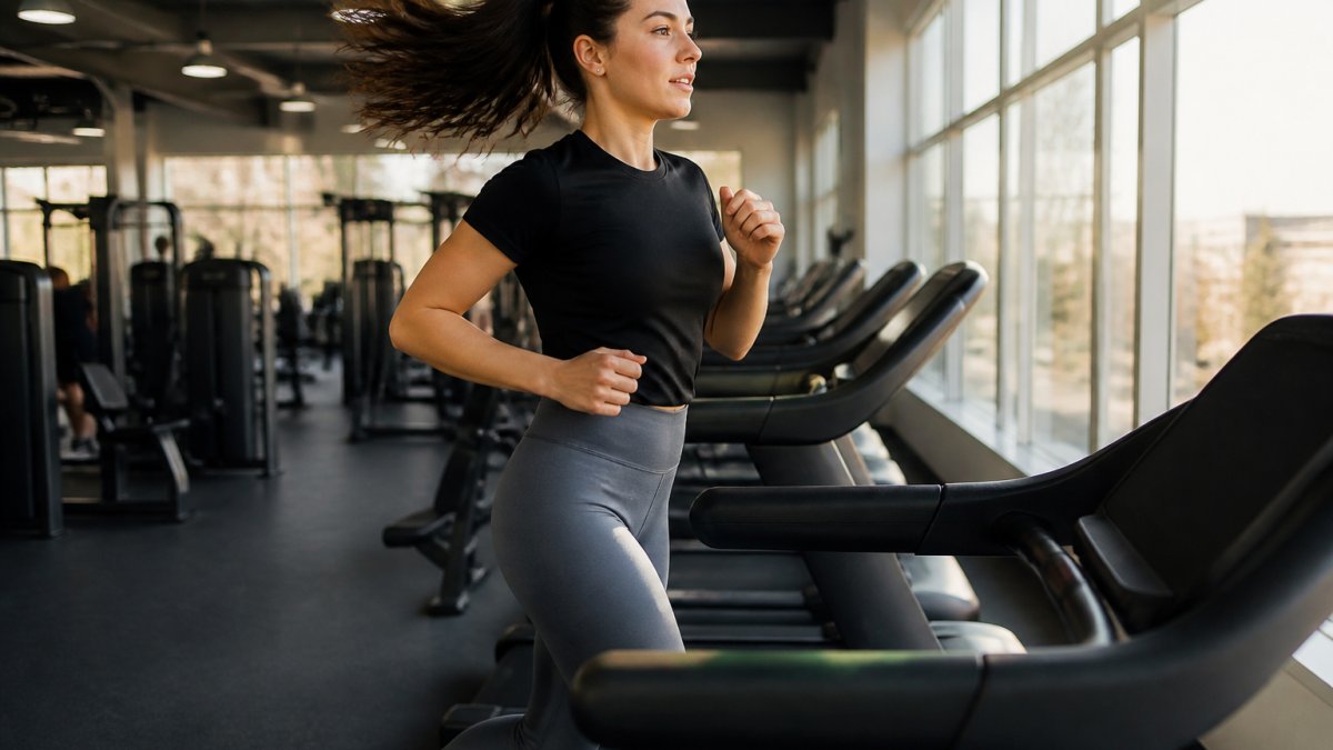Person wearing fitted gym shirt with high-rise leggings and cushioned trainers during cardio workout in bright gym, visible movement and energy