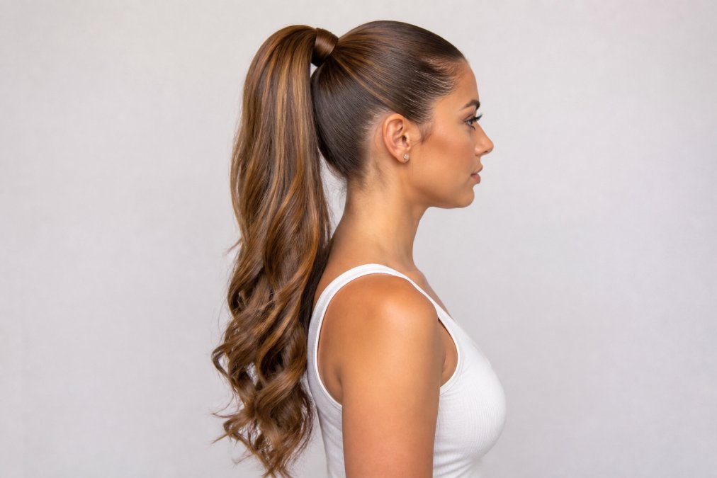 A woman with a sleek, finished high ponytail with extensions, viewed from the side, showing the seamless blend and voluminous length cascading down her back in a bright, clean studio
