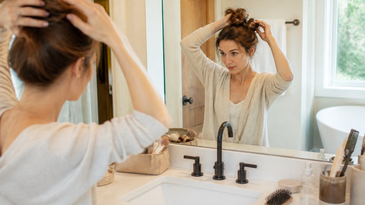 A mother in a bright bathroom quickly twisting her hair into a messy bun with a claw clip, makeup bag and hairbrush on the counter, soft morning light