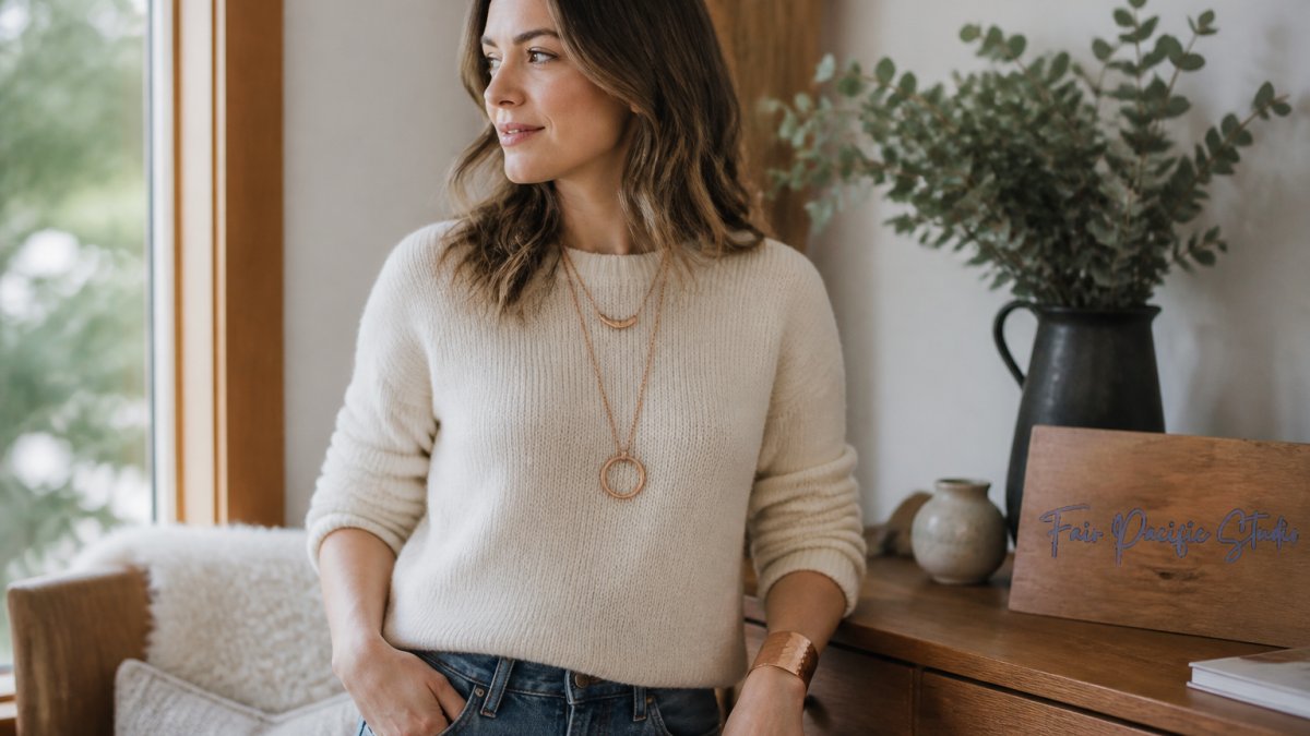 Woman wearing a hammered copper cuff and layered necklace with a cream sweater and jeans in a wooden room