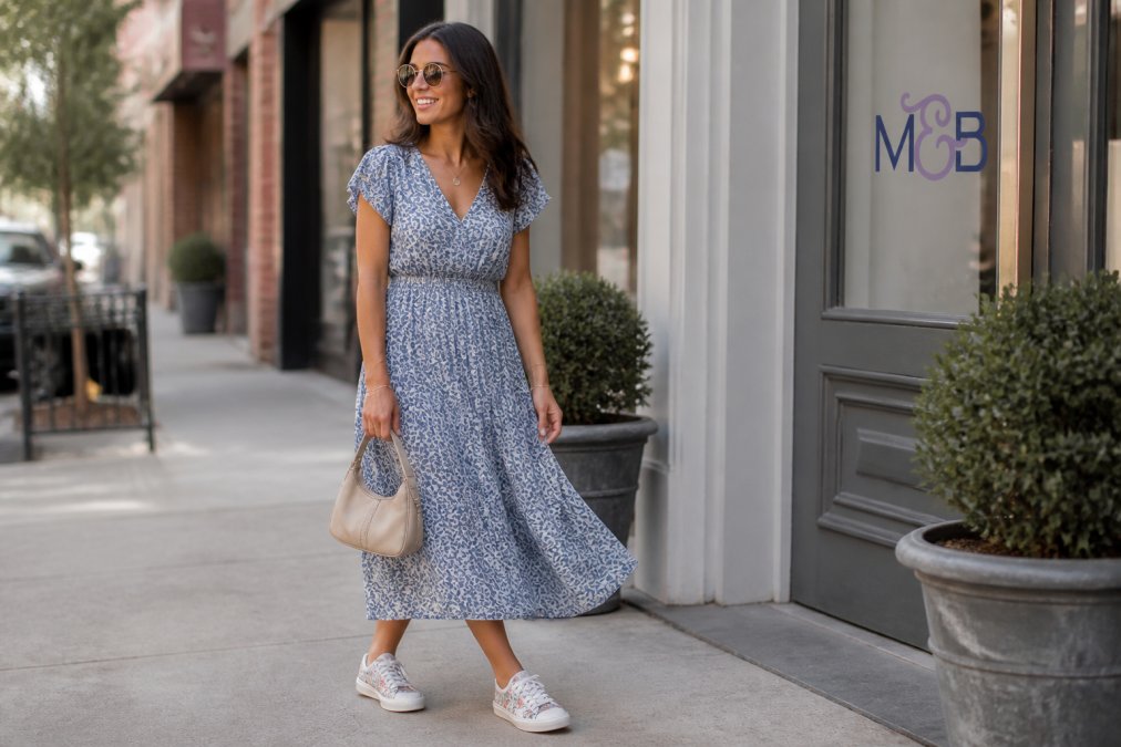 A woman standing on a city sidewalk wearing a flowing midi dress and handcrafted canvas statement sneakers, holding a small handbag, natural daylight, candid street style moment