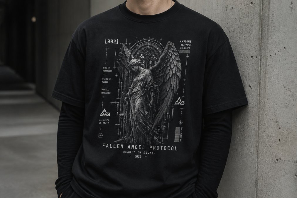 Close-up of layered streetwear showing an oversized heavyweight graphic tee worn over a fitted long-sleeve black base layer, with visible texture contrast between the two fabrics and clean silhouette lines