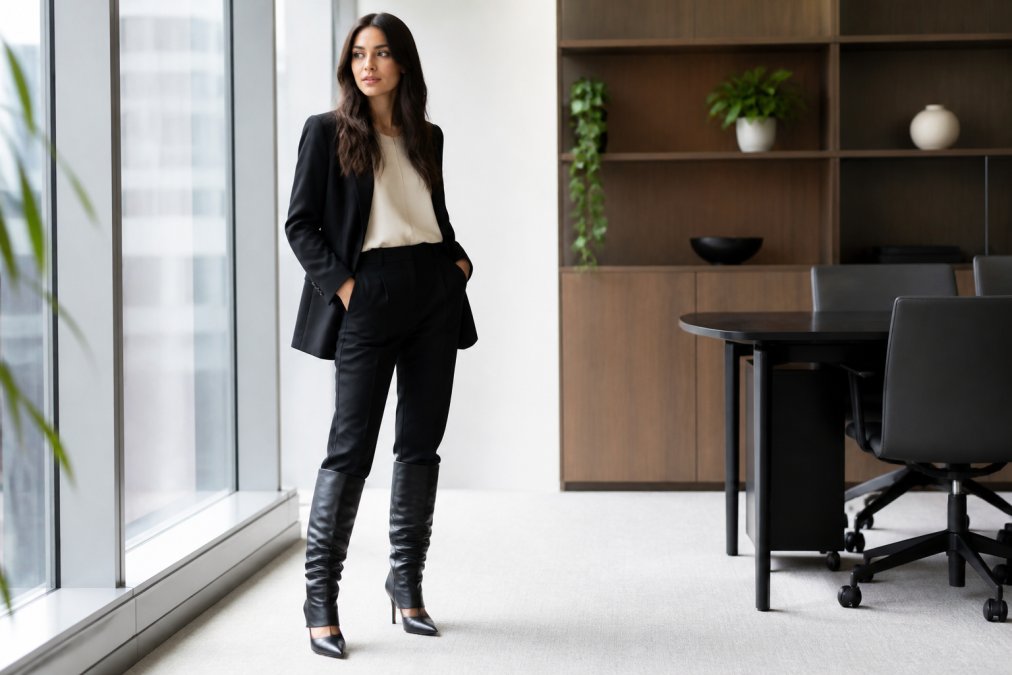 Woman in a blazer and tailored pants to style heels with boot sleeves in a bright office setting