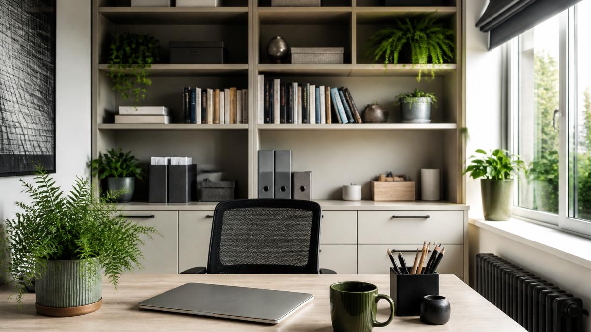 Professional home office with shelves displaying books, plants, and office supplies neatly arranged by zone, with a desk in the foreground and natural light from a window