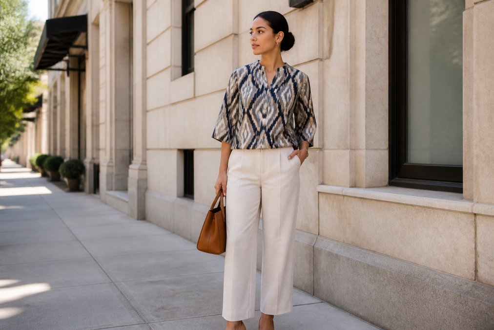 Woman wearing a structured ikat top with tailored trousers and minimal accessories, standing in natural daylight, showcasing how ikat transitions from casual to polished